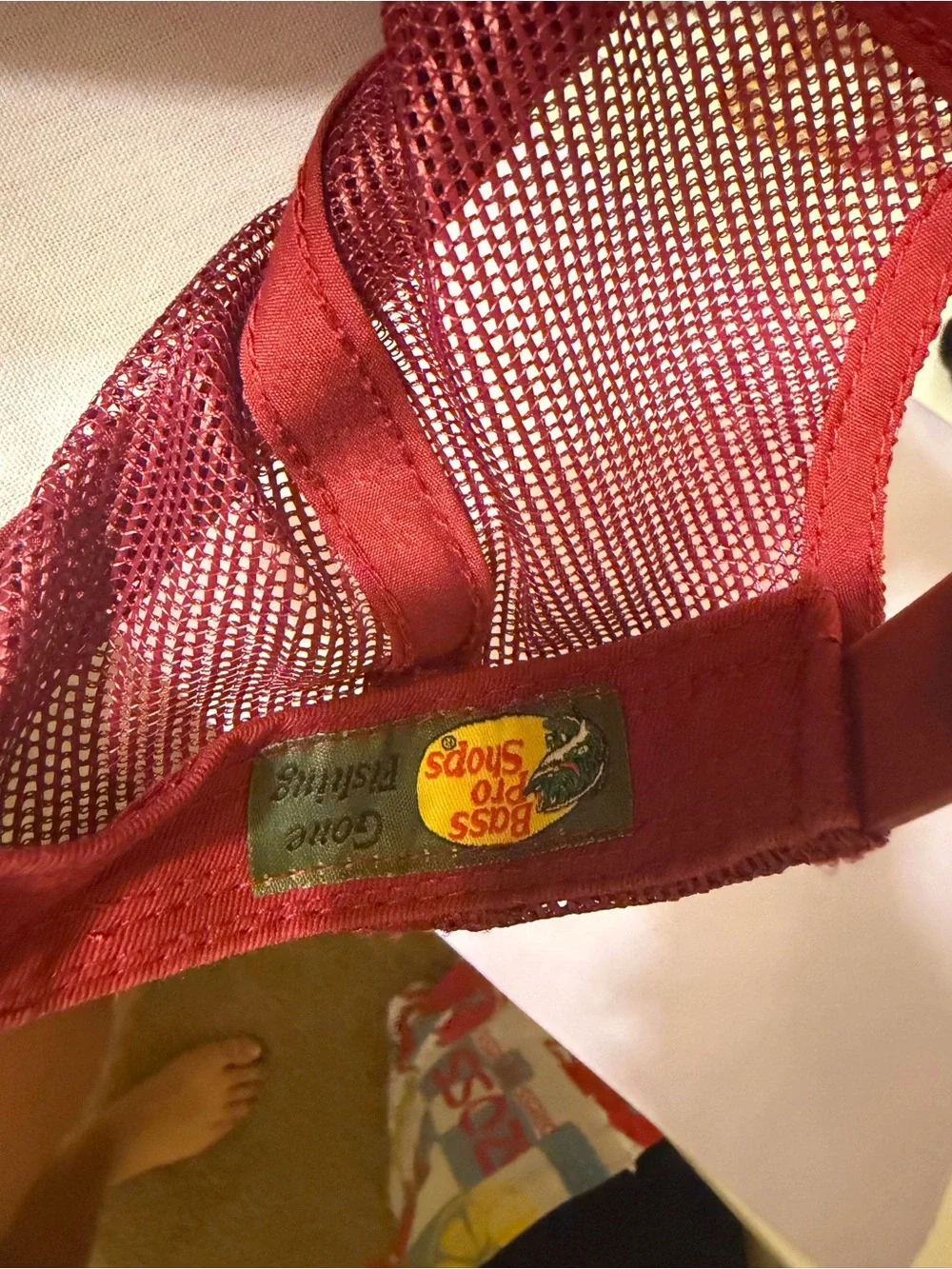 Bass Pro Shops Red Trucker Hat with Yellow Logo and Green Bass